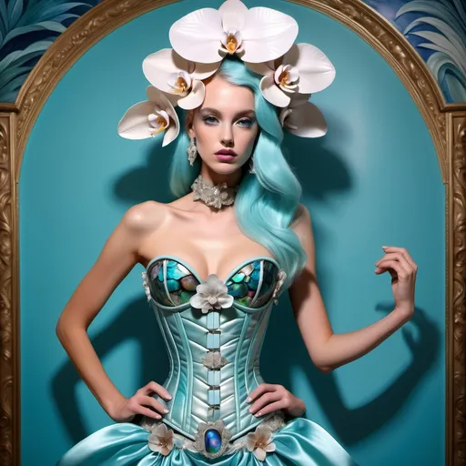 Prompt: Large 3d elaborate orchid Platinum abalone belt on a sleek luminous aqua blue leather lace French fitted Valentino silk corset showgirl dress featuring white Monaco palm beach swedish model with blue hair as a Sandro Botticelli  
Full body portrait painting with a large 3d orchid shaped crystal headpiece