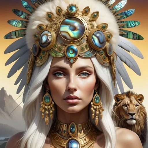 Prompt: Gorgeous white skinned Bulgarian goddess from south Africa with an ornate regal jeweled gold abalone headdress and a lion behind her,  futurism, highly detailed digital painting, a photorealistic painting