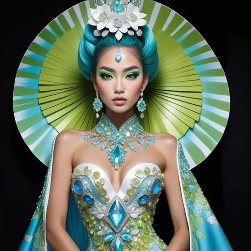 Prompt: Divine Angelic gorgeous feminine goddess Polynesian Hawaiian Balinese Thai Japanese geisha miss japan miss universe extravagant costume with vibrant turquoise styled hair and green eyes in zuhair Murad beaded fitted embellished pearly white blue gold chartreuse lime green pastel blue luminous blue topaz platinum silver chrome white pearl opal diamond Swarovski crystal costume gown as a Sandro Botticelli full body painting with large Cartier royal floral jewels and mother of pearl and white abalone aquamarine headdress with pearls blue lotus