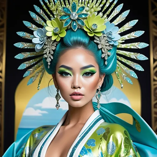 Prompt: Divine Angelic gorgeous feminine goddess Polynesian Hawaiian Balinese Thai Japanese geisha miss japan miss universe extravagant costume with vibrant turquoise styled hair and green eyes in zuhair Murad beaded fitted kimono gown in embellished pearly white blue gold chartreuse lime green pastel blue luminous blue topaz platinum silver chrome white pearl opal diamond Swarovski crystal as a Sandro Botticelli full body painting with large Cartier royal floral jewels and mother of pearl and white abalone aquamarine headdress with pearls blue lotus