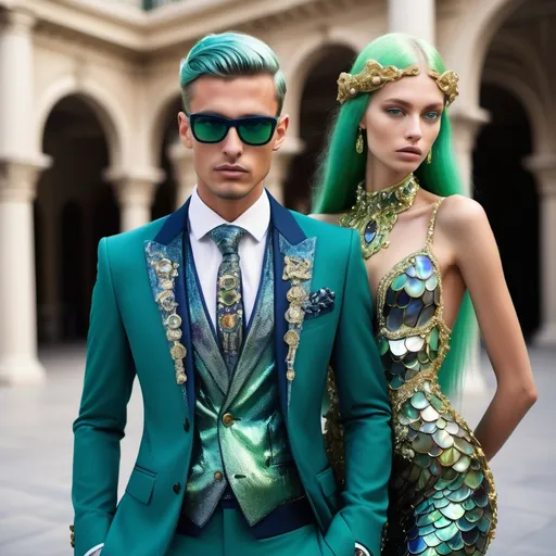 Prompt: a handsome male Catalan  swedish divine sacred male model with green hair and blue abalone Armani suit and a Monaco Bulgarian swedish French gorgeous female model with navy hair and lavish cartier with whimsical gorgeous extravagant  exotic aestheticism,  featuring gold abalone and Mother of pearl and chartreuse vibrant beaded zuhair Murad rami al ali fitted ornate Swarovski abalone gown as a Sandro Botticelli portrait painting with large Balinese Polynesian Cartier gold  headdress with green abalone