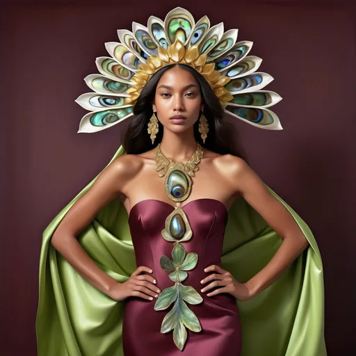 Prompt: Large 3d elaborate orchid abalone belt on a sleek plain red burgundy Ralph Lauren fitted silk gown featuring black green gold navy lavender yellow orange Monaco Indian model  as a Sandro Botticelli  
Full body portrait painting with a large jeweled lotus leaf lime green abalone headdress