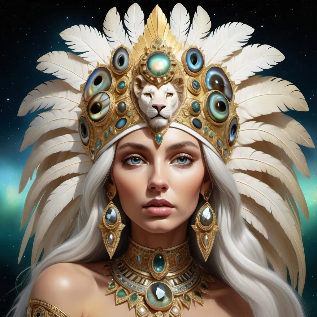 Prompt: Gorgeous white skinned Bulgarian goddess from south Africa with an ornate regal jeweled gold abalone headdress and a lion behind her,  futurism, highly detailed digital painting, a photorealistic painting