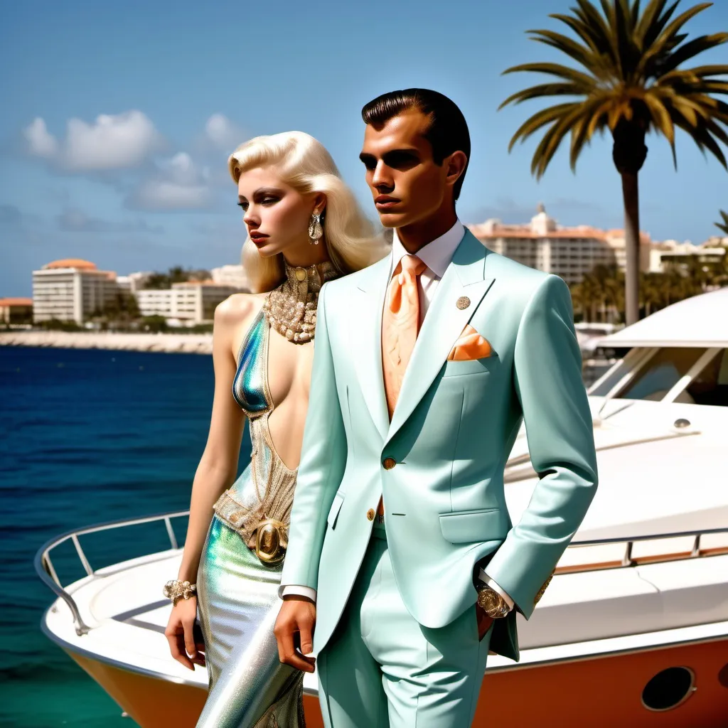 Prompt: Monaco palm beach Egyptian swedish masculine suit outfit on 1929's 1990's Armani Chanel Hollywood ornate luxury Egyptian Catalan male model with female model in chanel silver Swarovski crystal zuhair Murad abalone fitted mermaid outfit in Monaco Palm Beach yacht club with crystals and starfish as an oceanic Beach side Sandro Botticelli painting with luminous pearl abalone peach gold apricot orange burgundy fire opal Jasper psychedelic blue yellow green metallic silver grey platinum watercolor silk hues with marine captain hats