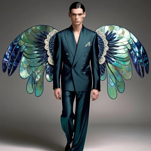 Prompt: Chanel Armani Gatsby extravagant luxury 1990's 1920's 1940's fashion in Navy indigo black turquoise mother of pearl emerald abalone on swedish Monaco slender tall gorgeous masculine muscular male model in elaborate beaded 1920's Chanel japanese fitted kimono iris van herpen silk embroidered pant suit with chartreuse ABALONE ANGEL WINGS and with black hair as a Sandro Botticelli Portrait full body painting in Monaco casino