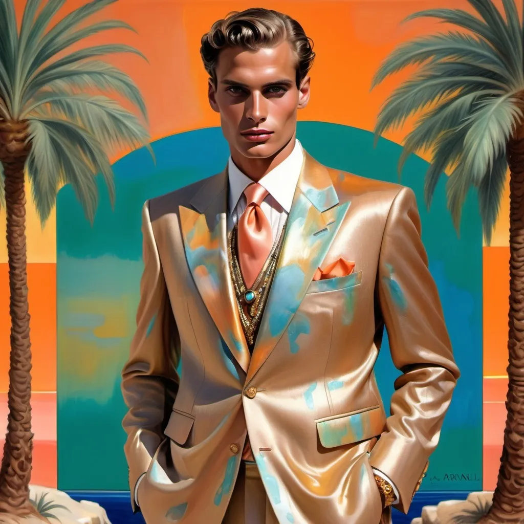 Prompt: Monaco palm beach Egyptian swedish masculine suit outfit on 1929's 1990's Armani Chanel Hollywood ornate luxury Bulgarian Catalan female and male model painting with luminous pearl abalone peach gold apricot orange burgundy fire opal Jasper psychedelic blue yellow green metallic silver grey platinum watercolor silk hues