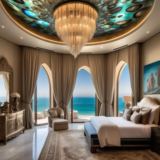 Prompt: Egyptian Dubai royal Mediterranean Balinese penthouse bedroom covered in abalone and abalone silk and as a Sandro Botticelli painting with elaborate abalone chandeliers and high ceilings and ocean views