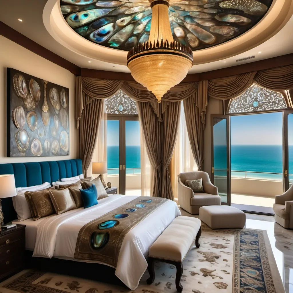 Prompt: Egyptian Dubai royal Mediterranean Balinese penthouse bedroom covered in abalone and abalone silk and as a Sandro Botticelli painting with elaborate abalone chandeliers and high ceilings and ocean views