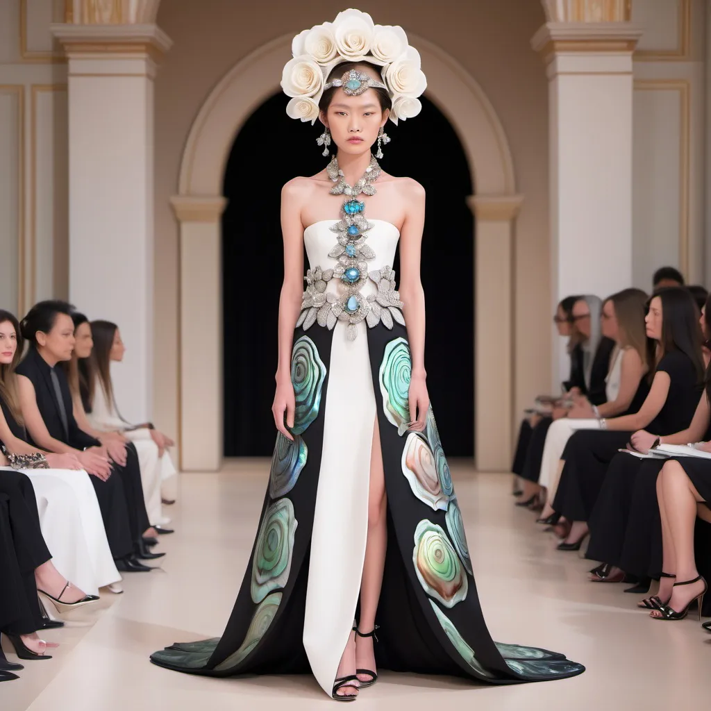 Prompt: Monaco female model with a white cartier rose, whimsical gorgeous Chen Lu, aestheticism, rose, featuring abalone and Mother of pearl and black Valentino fitted gown full length body photo on runway with floral heels Large Balinese abalone headdress