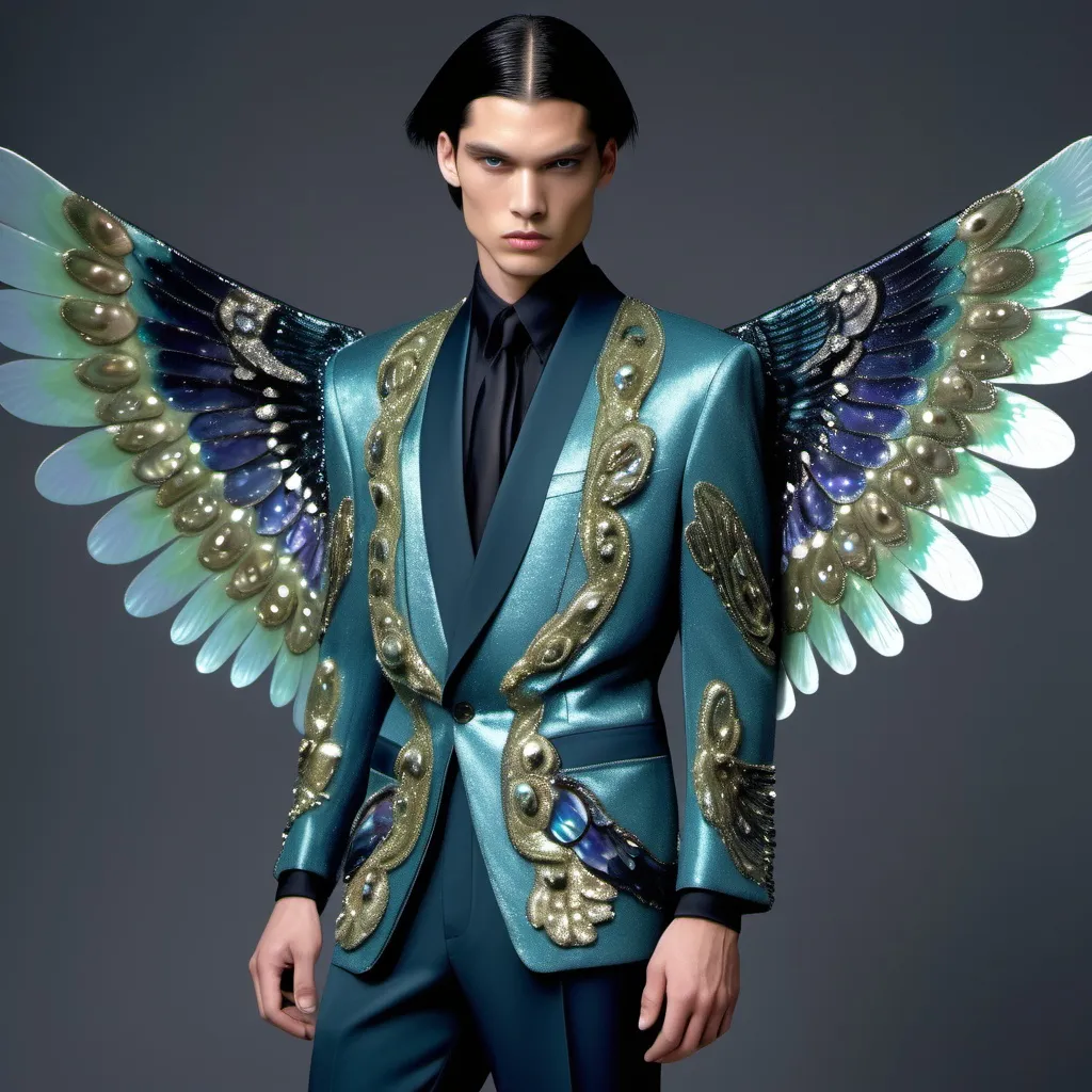 Prompt: Chanel Armani Gatsby extravagant luxury 1990's 1920's 1940's fashion in Navy indigo black turquoise mother of pearl emerald abalone on swedish Monaco slender tall gorgeous masculine muscular male model in elaborate beaded 1920's Chanel japanese fitted kimono iris van herpen silk embroidered pant suit with chartreuse ABALONE ANGEL WINGS and with black hair as a Sandro Botticelli Portrait full body painting in Monaco casino