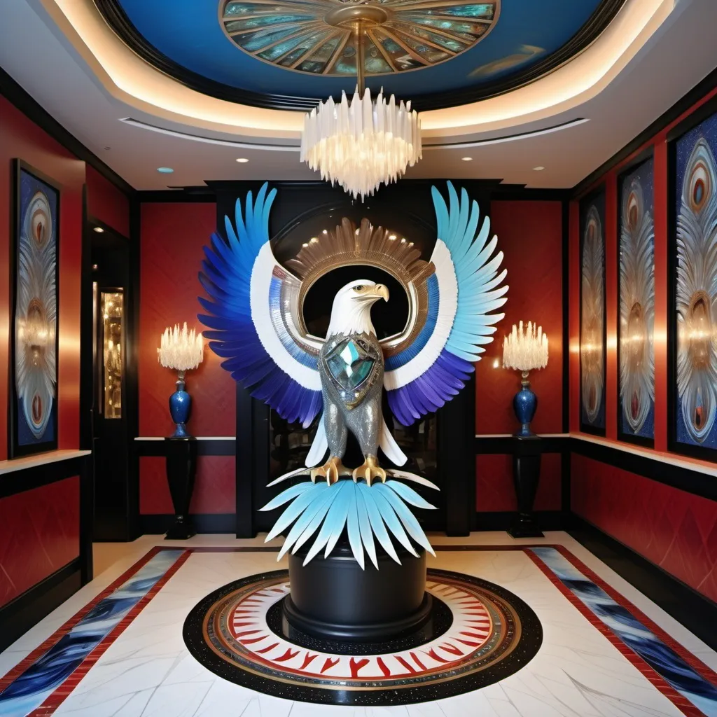 Prompt: 1920's Indian psychedelic Elaborate jewel beaded abalone eagle feathers murals Swarovski black and white and blue and indigo Monaco Indian Dubai Egyptian fine dining casino bar with high ceilings and elegant pearl abalone decor and tall micro orchids as a Sandro Botticelli painting interior design with red star beams Swarovski accents and blue watercolor abalone marble floor and eagle statue made of fire opal and abalone