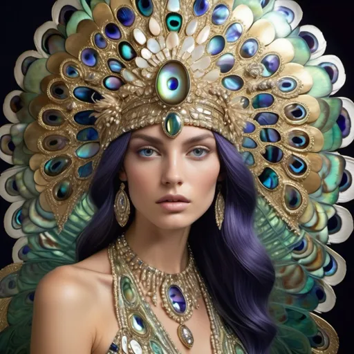 Prompt: a Monaco Bulgarian swedish French gorgeous female model with navy hair and lavish cartier with whimsical gorgeous extravagant  exotic aestheticism,  featuring violet white platinum gold abalone and Mother of pearl vibrant beaded zuhair Murad  ornate Swarovski abalone gown as a Sandro Botticelli portrait painting with large Balinese Polynesian Cartier gold  headdress with green abalone