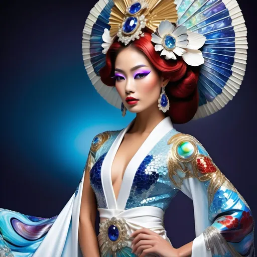 Prompt: Divine Angelic gorgeous feminine goddess Polynesian Hawaiian Balinese Thai Japanese geisha miss japan miss universe extravagant costume with vibrant red styled hair and purple eyes in zuhair Murad beaded fitted kimono gown in embellished pearly white blue gold navy indigo Abalone pastel blue luminous blue topaz platinum silver chrome white pearl opal diamond Swarovski crystal as a Sandro Botticelli full body painting with large Cartier royal floral jewels and mother of pearl and white abalone aquamarine emerald citronite chartreuse micro orchid headdress with pearls blue lotus