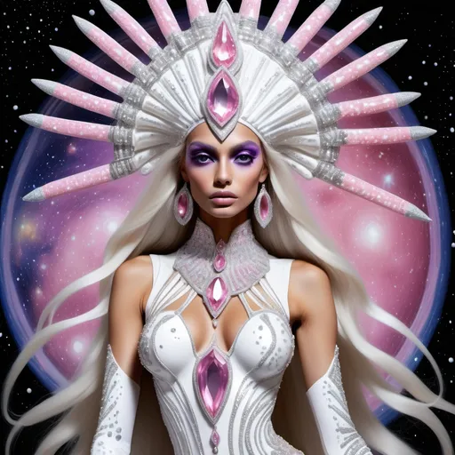 Prompt: White dreamy cosmic genie Indian water extraterrestrial goddess Monaco swedish indian casino showgirl miss India miss universe extravagant pink diamonds and platinum blonde hair and pink eyes in zuhair Murad beaded fitted embellished pearly white luminous platinum silver chrome violet white pearl opal diamond Swarovski crystal costume gown as a Sandro Botticelli full body cosmic planetary Star Trek alien goddess painting with large Cartier royal jewels and mother of pearl milky way venus Aphrodite themed