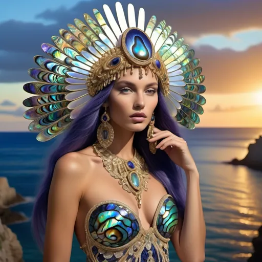 Prompt: a Monaco Bulgarian swedish French gorgeous female model with navy hair and lavish cartier with whimsical gorgeous extravagant  exotic aestheticism,  featuring violet white platinum gold abalone and Mother of pearl vibrant beaded zuhair Murad  ornate Swarovski abalone gown as a Sandro Botticelli island goddess sunset oceanic painting with large Balinese Polynesian Cartier gold  headdress with green abalone