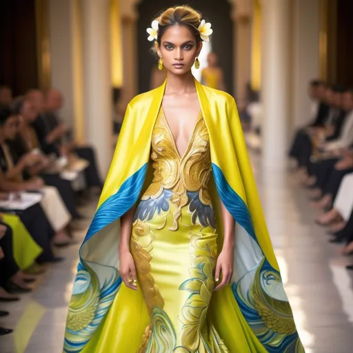 Prompt: rahul mishra , oscar de la renta , zuhiar murad Hawaiian yellow pheonix and plumeria exotic dragon thai kimono gown island outfit | gorgeous vibrant feminine gorgeous tan monaco casino female styled updo golden metallic hair blue eyes divine elaborate nepal greek sun goddess seraphim India Couture embellished abalone yellow topaz neon yellow gold lime chartreuse silk Indian Royal gown fashion with opals platinum gold and abalone Swarovski gold abalone headdress as a Sandro Botticelli painting