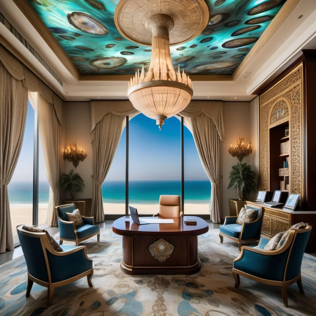 Prompt: Egyptian Dubai royal Mediterranean Balinese office covered in platinum abalone and abalone silk and as a Sandro Botticelli painting with elaborate abalone chandeliers and high ceilings and ocean views