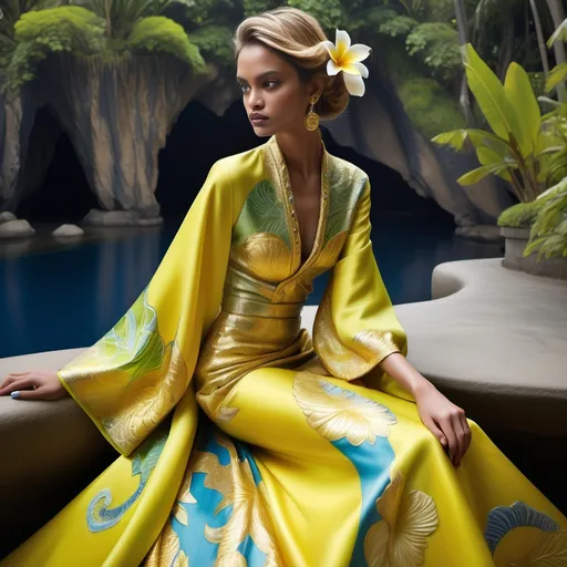 Prompt: rahul mishra , oscar de la renta , zuhiar murad Hawaiian yellow pheonix and plumeria exotic dragon thai kimono gown island outfit | gorgeous vibrant feminine gorgeous tan monaco casino female styled updo golden metallic hair blue eyes divine elaborate nepal greek sun goddess seraphim India Couture embellished abalone yellow topaz neon yellow gold lime chartreuse silk Indian Royal gown fashion with opals platinum gold and abalone Swarovski gold abalone headdress as a Sandro Botticelli painting