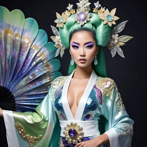 Prompt: Divine Angelic gorgeous feminine goddess Polynesian Hawaiian Balinese Thai Japanese geisha miss japan miss universe extravagant costume with vibrant pastel green bold styled hair and purple eyes in zuhair Murad beaded fitted kimono gown in embellished pearly white blue gold navy indigo Abalone pastel blue luminous blue topaz platinum silver chrome white pearl opal diamond Swarovski crystal as a Sandro Botticelli full body painting with large Cartier green large royal floral jewels and mother of pearl and green psychedelic abalone emerald chartreuse headdress