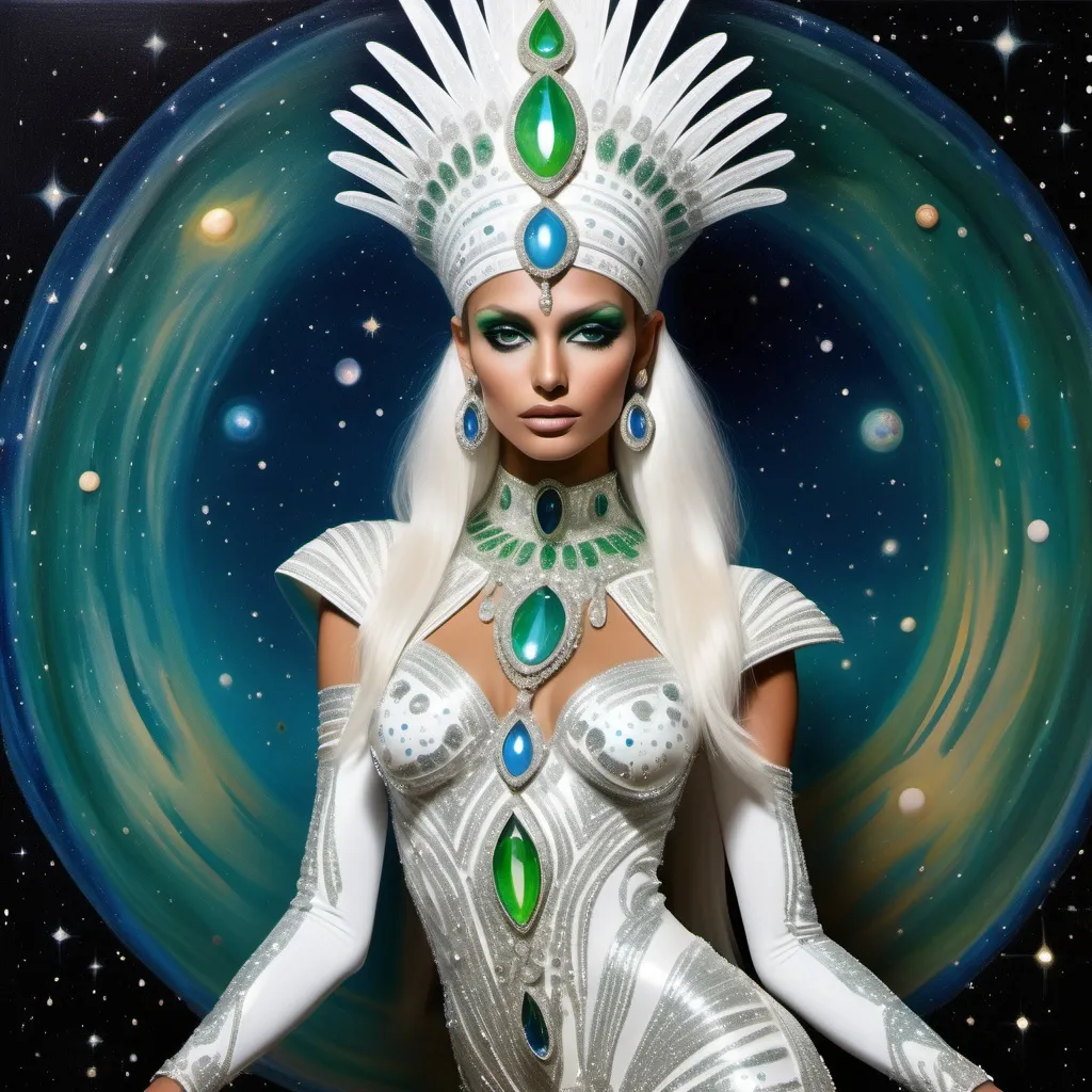 Prompt: White dreamy cosmic genie Indian water extraterrestrial goddess Monaco swedish indian casino showgirl miss India miss universe extravagant with green blueskin and platinum blonde hair and blue eyes in zuhair Murad beaded fitted embellished pearly white luminous platinum silver chrome white pearl opal diamond Swarovski crystal costume gown as a Sandro Botticelli full body cosmic planetary Star Trek alien goddess painting with large Cartier royal jewels and mother of pearl