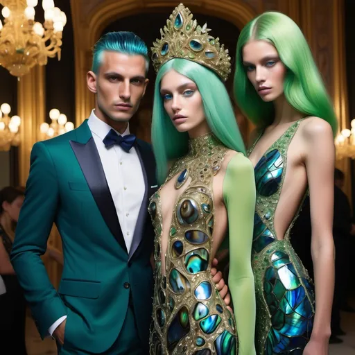 Prompt: a handsome male Catalan  swedish divine sacred male model with green hair and blue abalone Armani suit and a Monaco Bulgarian swedish French gorgeous female model with navy hair and lavish cartier with whimsical gorgeous extravagant  exotic aestheticism,  featuring gold abalone and Mother of pearl and chartreuse vibrant beaded zuhair Murad rami al ali fitted ornate Swarovski abalone gown as a Sandro Botticelli portrait painting with large Balinese Polynesian Cartier gold  headdress with green abalone