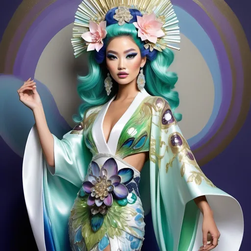 Prompt: Divine Angelic gorgeous feminine goddess Polynesian Hawaiian Balinese Thai Japanese geisha miss japan miss universe extravagant costume with vibrant pastel green bold styled hair and purple eyes in zuhair Murad beaded fitted kimono gown in embellished pearly white blue gold navy indigo Abalone pastel blue luminous blue topaz platinum silver chrome white pearl opal diamond Swarovski crystal as a Sandro Botticelli full body painting with large Cartier green large royal floral jewels and mother of pearl and green psychedelic abalone emerald chartreuse headdress