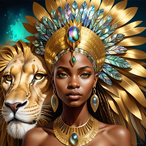 Prompt: Gorgeous Swahili goddess from south Africa with an ornate regal jeweled gold lion abalone headdress and a lion behind her, , Chinwe Chukwuogo-Roy, afrofuturism, highly detailed digital painting, a photorealistic painting