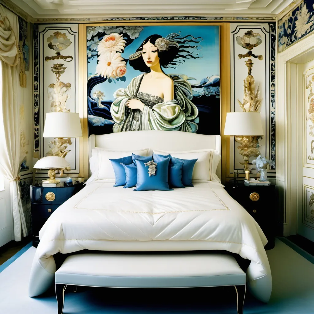 Prompt: Chanel Cartier Gatsby extravagant luxury 1990's 1920's   chinoiserie white abalone mother of pearl elaborate silk white platinum gold penthouse bedroom with featuring and blue black and floral calligraphy art as a Sandro Botticelli painting in Georgia o Keefe transcendent psychedelic style