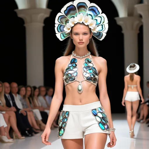 Prompt: Monaco Bulgarian swedish female model with cartier in whimsical gorgeous Chen Lu style, with extravagant aestheticism,  featuring abalone and Mother of pearl and black Tony Ward  Valentino fitted halter top and white abalone shorts as a full length body photo on runway with floral sandals and Polynesian Cartier micro orchid abalone headdress