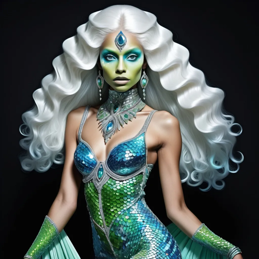 Prompt: Alien martian dreamy cosmic genie Indian  extraterrestrial platinum blue hair and bright green alien dragon scale mermaid scale skin texture with aqua eyes in zuhair Murad beaded fitted embellished pearly white luminous platinum silver chrome blue white pearl opal diamond Swarovski crystal costume gown as a Sandro Botticelli full body cosmic planetary Star Trek Green alien goddess dancer painting with large Cartier royal jewels and mother of pearl milky way  themed