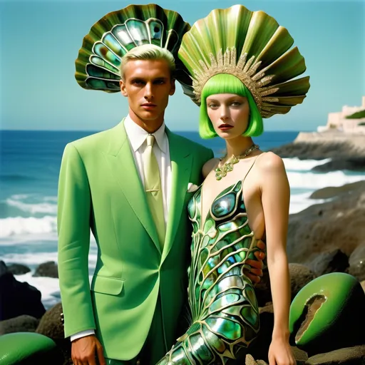 Prompt: Valentino FERRAGAMO Armani 1990's 1920's  seaweed Hollywood gown with green abalone on Irish Monaco swedish Caribbean very tan slender tall gorgeous female and male model with vibrant short lime green hair as a Sandro Botticelli full body elegant fashion editorial French couple portrait painting featuring two people and with psychedelic large green abalone SHELL palm headdress with and diamonds emeralds