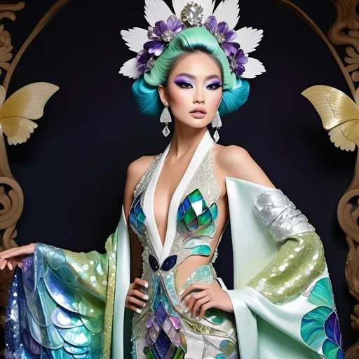 Prompt: Divine Angelic gorgeous feminine goddess Polynesian Hawaiian Balinese Thai Japanese geisha miss japan miss universe extravagant costume with vibrant pastel green bold styled hair and purple eyes in zuhair Murad beaded fitted kimono gown in embellished pearly white blue gold navy indigo Abalone pastel blue luminous blue topaz platinum silver chrome white pearl opal diamond Swarovski crystal as a Sandro Botticelli full body painting with large Cartier green large royal floral jewels and mother of pearl and green psychedelic abalone emerald chartreuse headdress