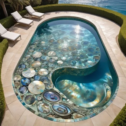 Prompt: Blue abalone and mother of pearl whimsical enchanted outdoor pool in extravagant Ocean mansion as a Sandro Botticelli painting with dreamy blue hues