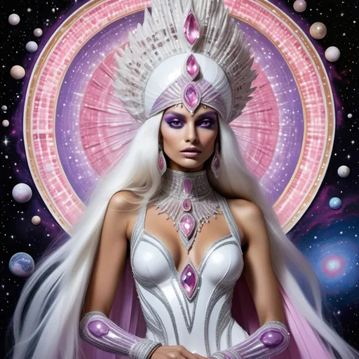 Prompt: White dreamy cosmic genie Indian water extraterrestrial goddess Monaco swedish indian casino showgirl miss India miss universe extravagant pink diamonds and platinum blonde hair and pink eyes in zuhair Murad beaded fitted embellished pearly white luminous platinum silver chrome violet white pearl opal diamond Swarovski crystal costume gown as a Sandro Botticelli full body cosmic planetary Star Trek alien goddess painting with large Cartier royal jewels and mother of pearl milky way venus Aphrodite themed