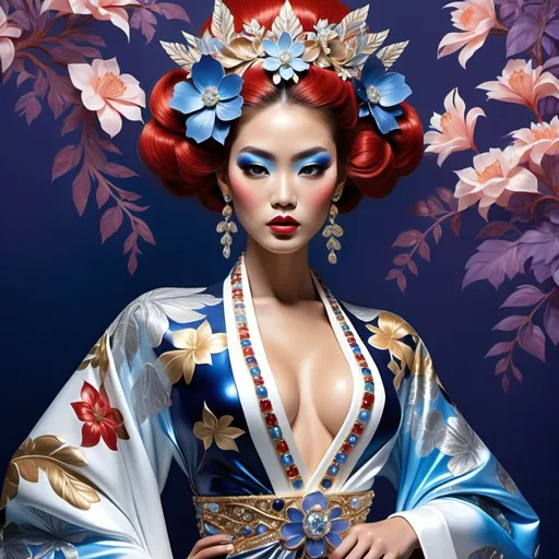 Prompt: Divine Angelic gorgeous feminine goddess Polynesian Hawaiian Balinese Thai Japanese geisha miss japan miss universe extravagant costume with vibrant red styled hair and purple eyes in zuhair Murad beaded fitted kimono gown in embellished pearly white blue gold navy indigo pastel blue luminous blue topaz platinum silver chrome white pearl opal diamond Swarovski crystal as a Sandro Botticelli full body painting with large Cartier royal floral jewels and mother of pearl and white abalone aquamarine emerald citronite chartreuse micro orchid headdress with pearls blue lotus