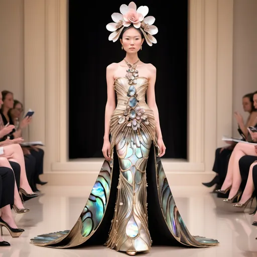 Prompt: Monaco female model with cartier rose, whimsical gorgeous Chen Lu, aestheticism,  featuring abalone and Mother of pearl and black Tony Ward  Valentino fitted gold gown full length body photo on runway with floral heels Large Balinese micro orchid abalone headdress