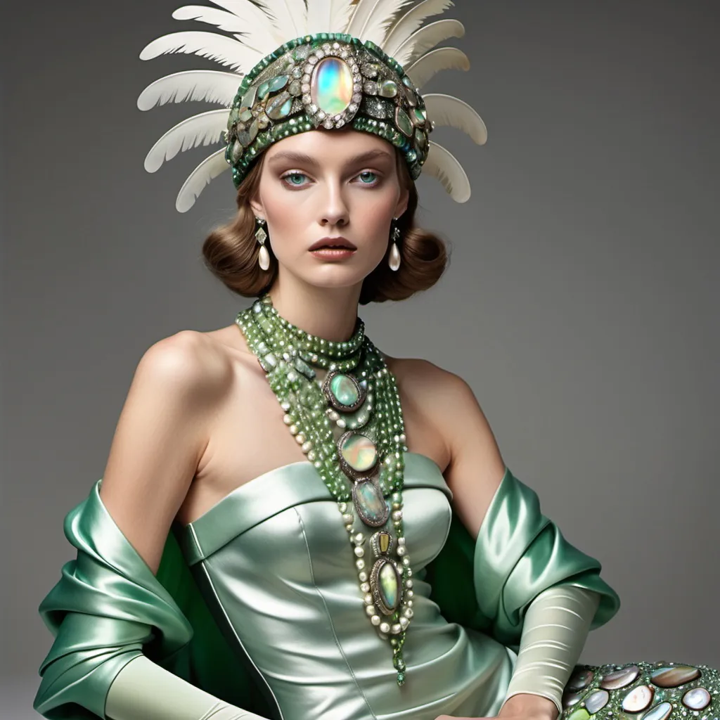 Prompt: Luxury 1920's 1990's 1950's Chanel palm beach Hollywood green Abalone green opal goddess with platinum white and luminous abalone gown with pearl luminous hues and  mother of pearl stones and SWAROVSKI CRYSTAL crown flirtatious sultry as a Sandro Botticelli full body couples portrait abalone green opal raffia headdress with handsome masculine swedish male model with Green hair in luxury crystal abalone silk LUMINOUS suit