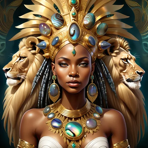 Prompt: Gorgeous Swahili goddess from south Africa with an ornate regal jeweled gold lion abalone headdress and a lion behind her, , Chinwe Chukwuogo-Roy, afrofuturism, highly detailed digital painting, a photorealistic painting