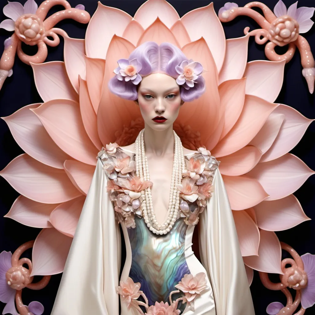 Prompt: Chanel Armani Gatsby extravagant luxury 1990's 1920's 1940's pink lotus white abalone mother of pearl elaborate beaded 1920's Chanel japanese iris van herpen silk penthouse geisha featuring peach lavender and coral hair as a Sandro Botticelli Portrait painting in Georgia o Keefe style