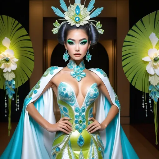 Prompt: Divine Angelic gorgeous feminine goddess Polynesian Hawaiian Balinese Thai Japanese geisha miss japan miss universe extravagant costume with vibrant turquoise styled hair and green eyes in zuhair Murad beaded fitted embellished pearly white blue gold chartreuse lime green pastel blue luminous blue topaz platinum silver chrome white pearl opal diamond Swarovski crystal costume gown as a Sandro Botticelli full body painting with large Cartier royal floral jewels and mother of pearl and white abalone aquamarine headdress with pearls blue lotus