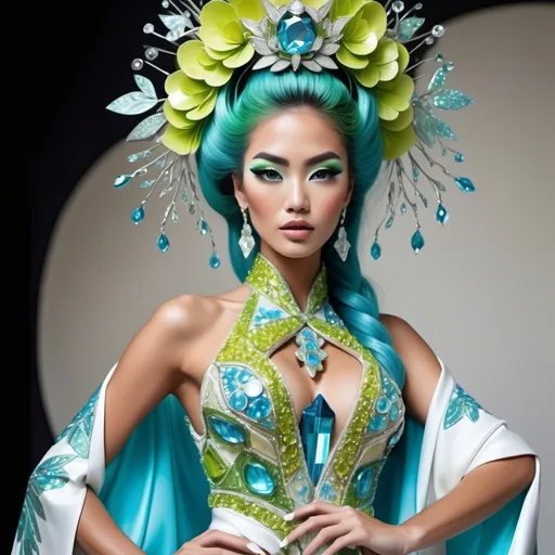 Prompt: Divine Angelic gorgeous feminine goddess Polynesian Hawaiian Balinese Thai Japanese geisha miss japan miss universe extravagant costume with vibrant turquoise styled hair and green eyes in zuhair Murad beaded fitted kimono gown in embellished pearly white blue gold chartreuse lime green pastel blue luminous blue topaz platinum silver chrome white pearl opal diamond Swarovski crystal as a Sandro Botticelli full body painting with large Cartier royal floral jewels and mother of pearl and white abalone aquamarine headdress with pearls blue lotus