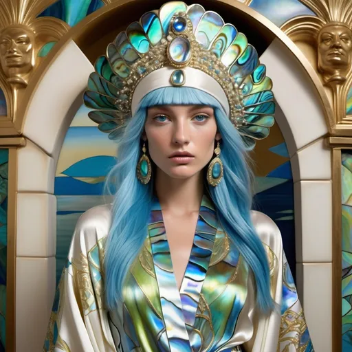 Prompt: Monaco Bulgarian swedish female model with blue hair and lavish cartier with whimsical gorgeous extravagant aestheticism,  featuring blue abalone and Mother of pearl and chartreuse  turquoise emilio pucci Valentino fitted silk kimono gown as a Sandro Botticelli portrait painting with Polynesian Cartier white  abalone headdress with light opal