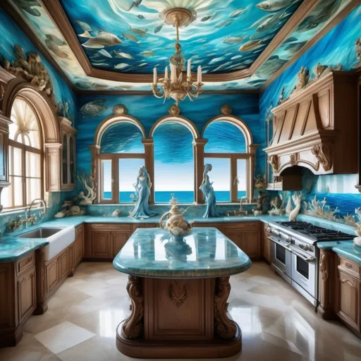 Prompt: mother of pearl whimsical Renaissance enchanted ocean view Atlantis kitchen in extravagant underwater mansion as a Sandro Botticelli painting with dreamy blue hues