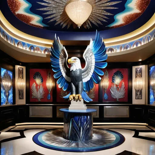 Prompt: 1920's Indian psychedelic Elaborate jewel beaded abalone eagle feathers murals Swarovski black and white and blue and indigo Monaco Indian Dubai Egyptian fine dining casino bar with high ceilings and elegant pearl abalone decor and tall micro orchids as a Sandro Botticelli painting interior design with red star beams Swarovski accents and blue watercolor abalone marble floor and eagle statue made of fire opal and abalone