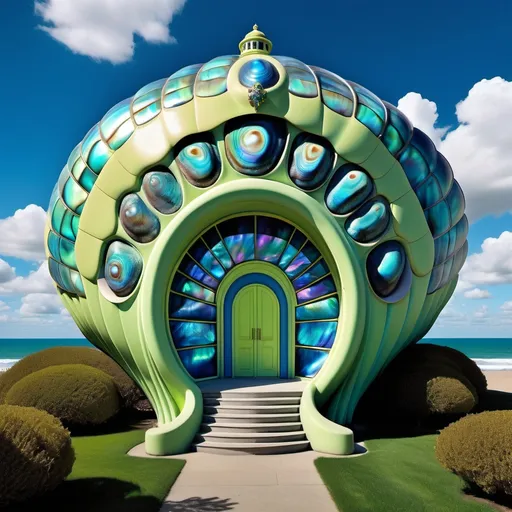 Prompt: a very large blue chartreuse shell house with a walkway leading to it and a sky background with clouds and blue sky above, David LaChapelle, art deco, psychedelic trippy fantastically gaudy, an art deco sculpture as a Sandro Botticelli painting featuring abalone and pearls and emeralds