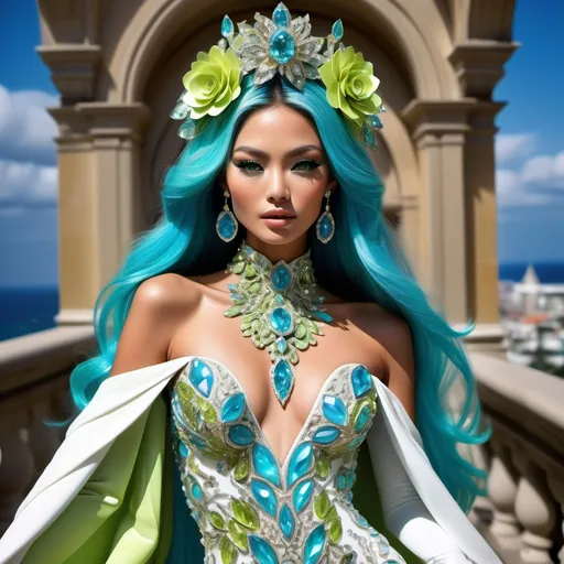 Prompt: Divine Angelic gorgeous feminine goddess Monaco French Balinese Thai Japanese miss japan miss universe extravagant with vibrant turquoise styled hair and green eyes in zuhair Murad beaded fitted embellished pearly white blue gold chartreuse lime green pastel blue luminous blue topaz platinum silver chrome white pearl opal diamond Swarovski crystal costume gown as a Sandro Botticelli full body painting with large Cartier royal floral jewels and mother of pearl and white abalone aquamarine headdress with pearls blue lotus