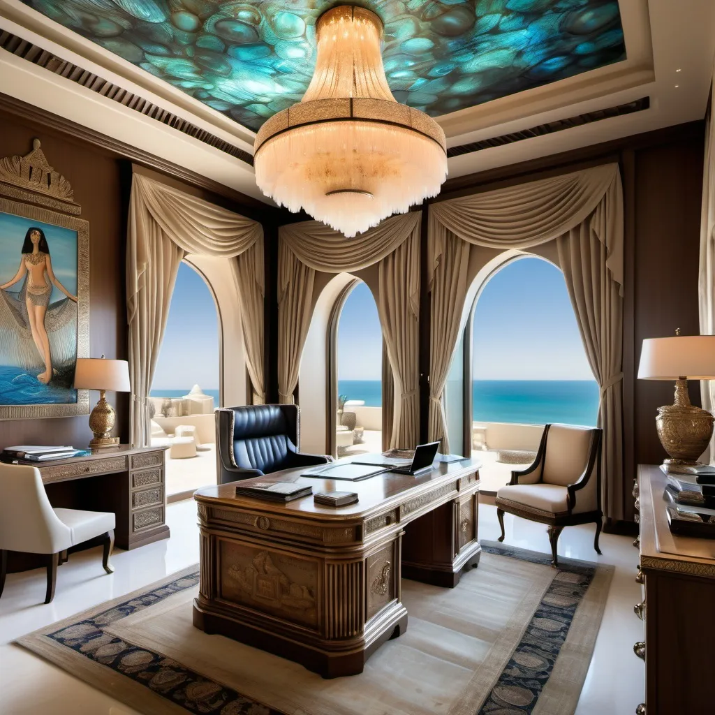 Prompt: Egyptian Dubai royal Mediterranean Balinese office bedroom covered in platinum abalone and abalone silk and as a Sandro Botticelli painting with elaborate abalone chandeliers and high ceilings and ocean views