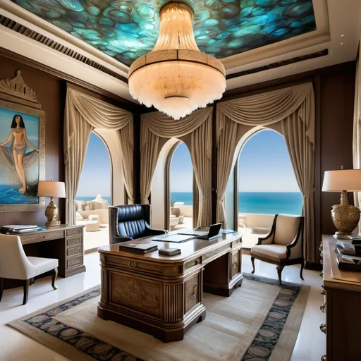 Prompt: Egyptian Dubai royal Mediterranean Balinese office bedroom covered in platinum abalone and abalone silk and as a Sandro Botticelli painting with elaborate abalone chandeliers and high ceilings and ocean views