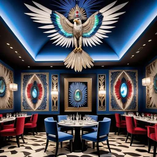 Prompt: 1920's Indian psychedelic Elaborate jewel beaded abalone eagle feathers murals Swarovski black and white and blue and indigo Monaco Indian Dubai Egyptian fine dining casino restaurant with high ceilings and elegant pearl abalone decor and tall micro orchids as a Sandro Botticelli painting interior design with red star beams Swarovski accents