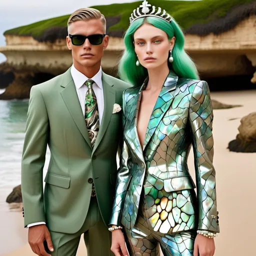 Prompt: Luxury Chanel palm beach Hollywood green Abalone green opal  fitted sleek Armani military camo suits made of Abalone silk  platinum white and luminous abalone pearl hues and  mother of pearl stones and SWAROVSKI CRYSTAL crown flirtatious sultry as a Sandro Botticelli full body couple portrait abalone green opal  with handsome masculine swedish Australian South Africa tan male model with Green hair